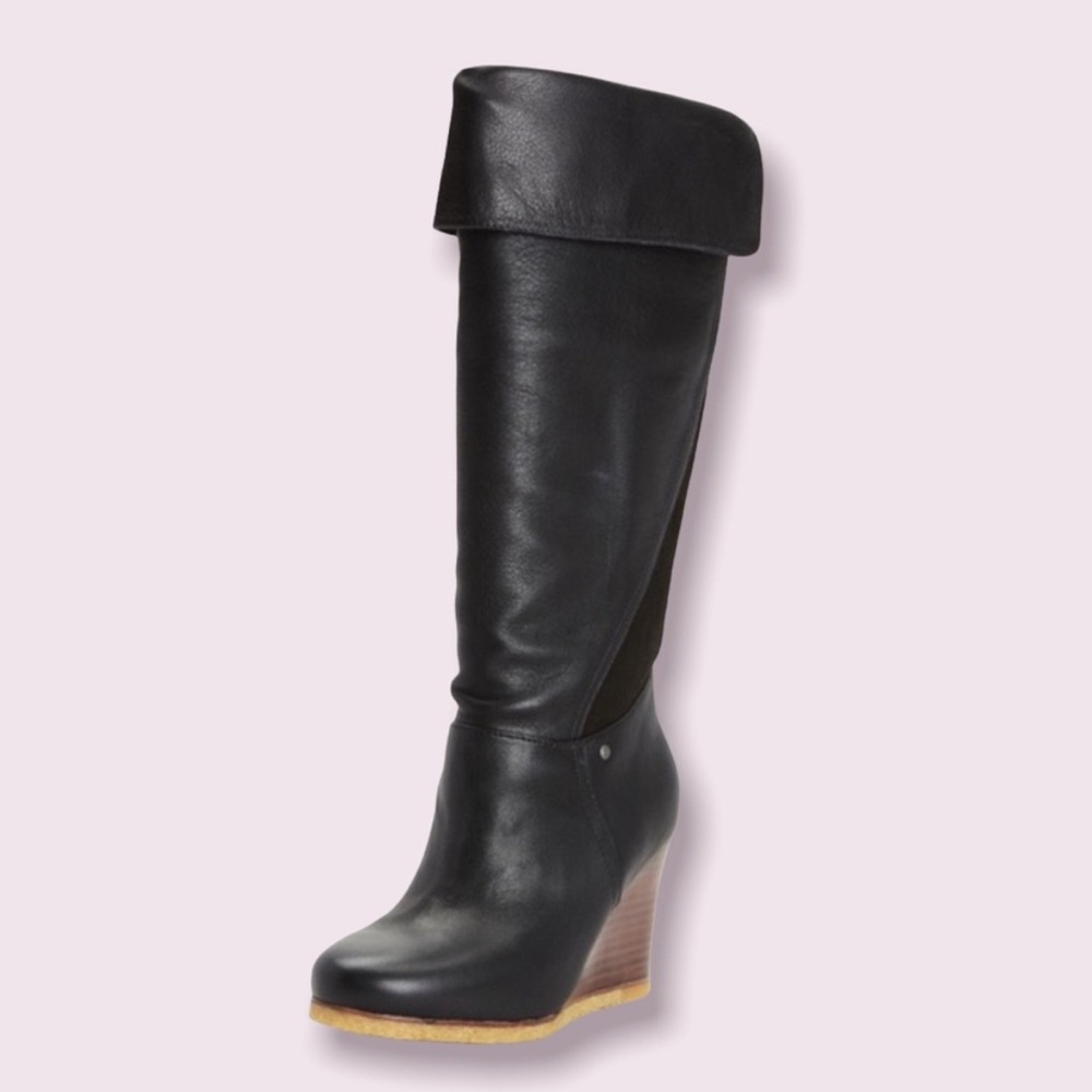 UGG 8 Ravenna Black Leather Wedge Boots knee height cosplay fall heel boot women